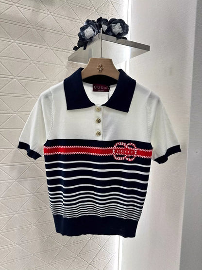 G 25 Spring/Summer New Lapel Striped Knit Short Sleeve Top