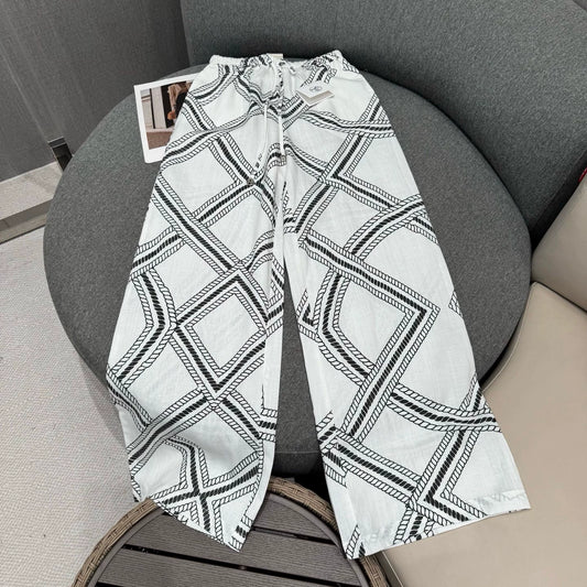 H 25 Summer Vintage Chain Print Linen Loose Trousers