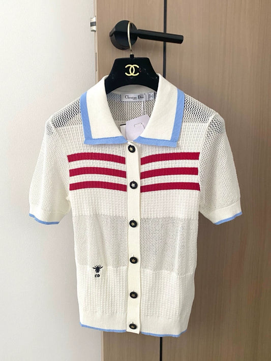 D 25 new striped bee embroidery single-breasted button-down lapel short-sleeved knitted cardigan