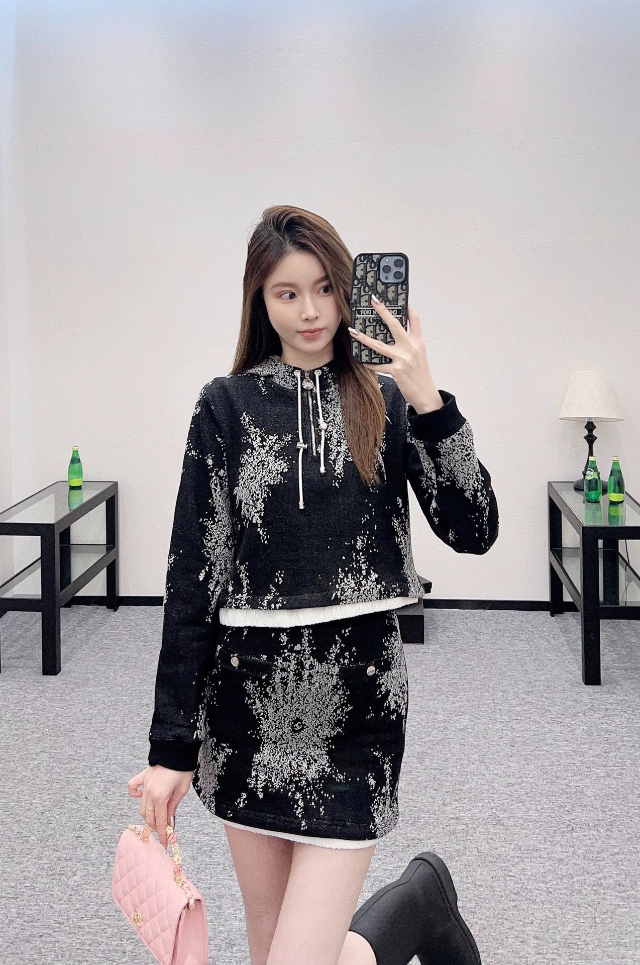 C 25 Hooded Printed Sweatshirt and Skirt Set