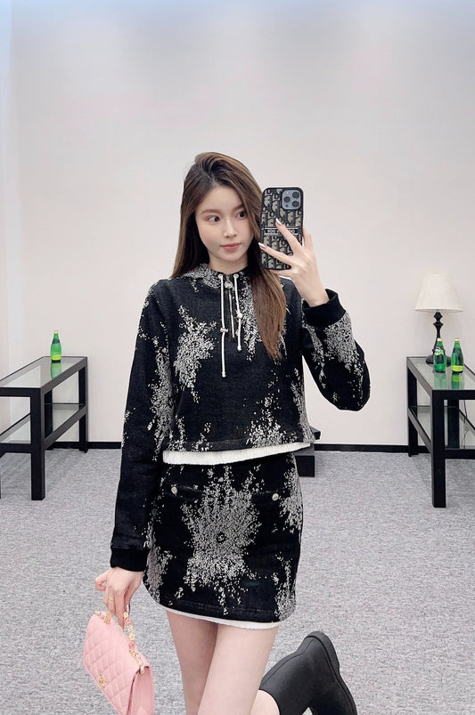 C 25 Hooded Printed Sweatshirt and Skirt Set