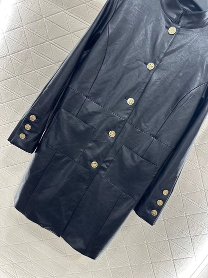 C 25 Mid-length leather trench coat.