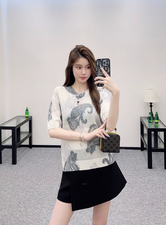 D 25 Printed Knit Short-Sleeve Top
