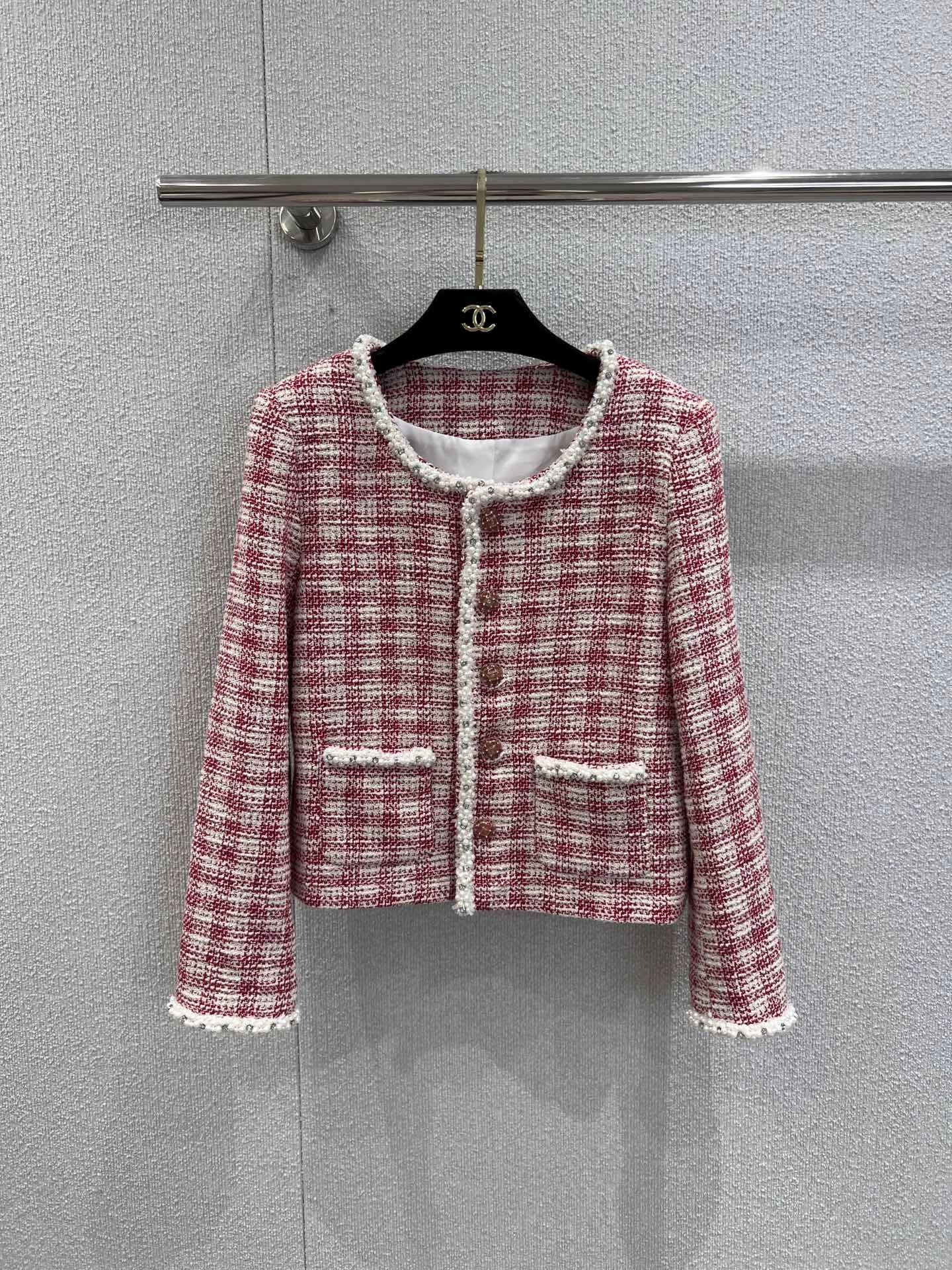 C 25 Red and white checked tweed jacket with beaded trim