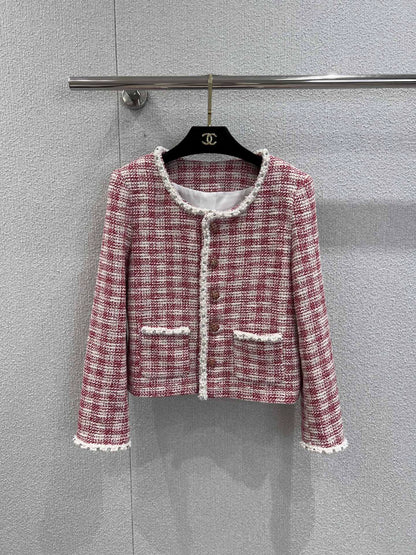 C 25 Red and white checked tweed jacket with beaded trim