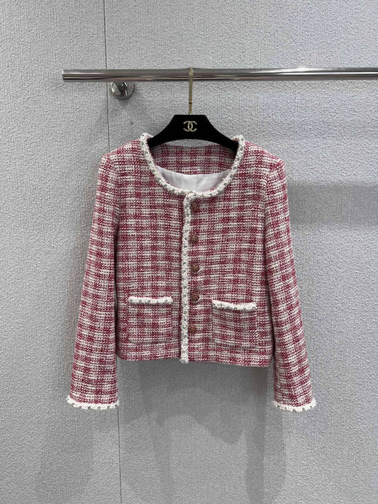 C 25 Red and white checked tweed jacket with beaded trim