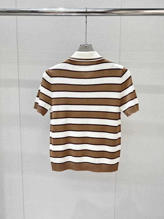 P 25 new letter embroidery contrast stripes single-breasted lapel short-sleeved knitted cardigan
