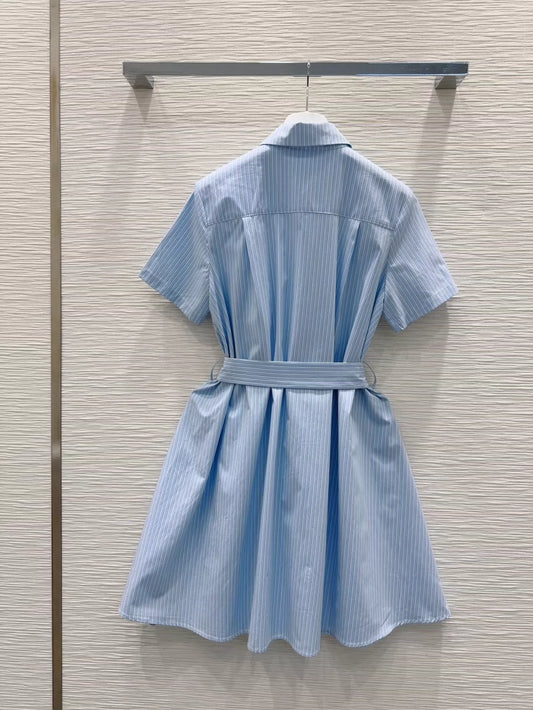 LO 25 New Striped Tie Flap Neck Short Sleeve Shirt Dresses