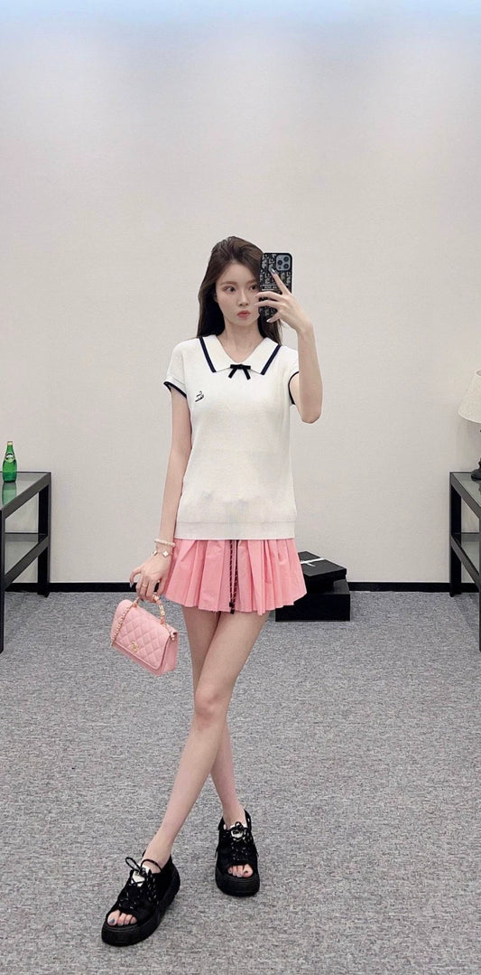 V 25 new bow-knitted short-sleeved top