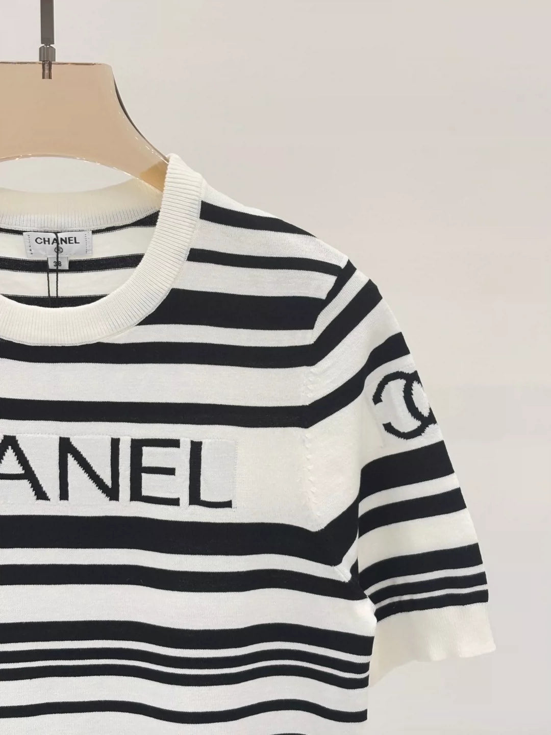 C 25 Summer New Black and White Striped Letter Logo Jacquard Knitted Short Sleeves