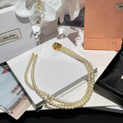 M 25 Gold letter square double pearl necklace