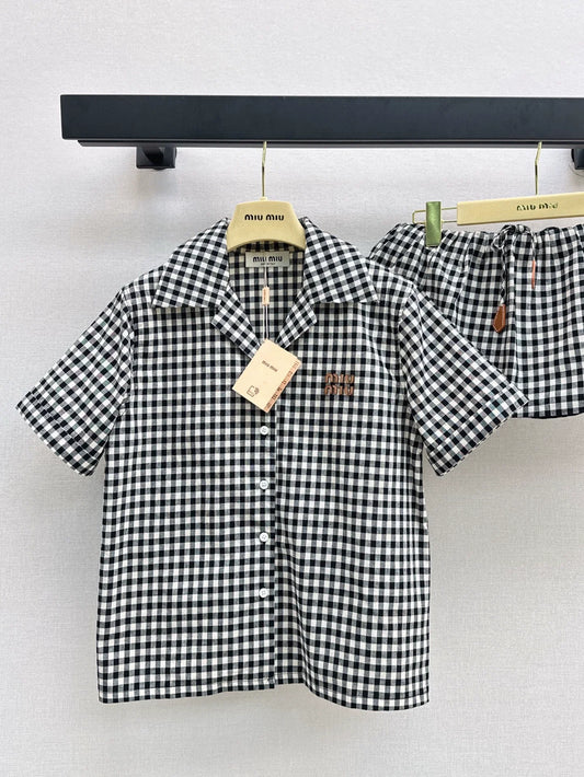 m 2025 Summer New Plaid Suit Loose Shirt + Mini Skirt