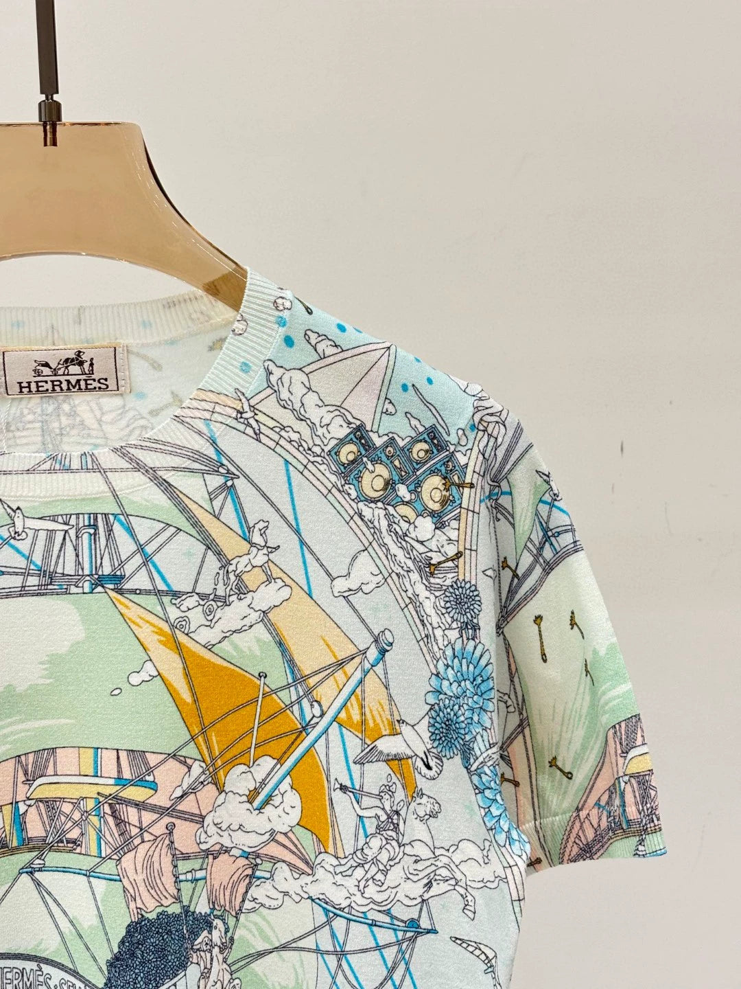 H 25 Early Spring New Round Neck Sailboat Pattern Color Printing Casual Knitted Short Sleeve