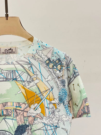 H 25 Early Spring New Round Neck Sailboat Pattern Color Printing Casual Knitted Short Sleeve
