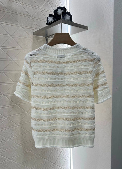 C 25 New Sequin Stripe Knit Short Sleeve Top