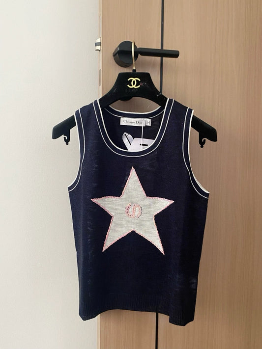 D 25 New Color Clash Star Stripe Crew Neck Sleeveless Knit Tank Top（white sapphire blue yellow ）