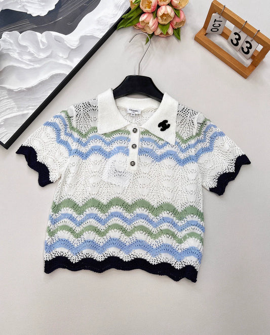 C 25 Summer new lapel stripes hollow letter logo three-dimensional knitted short sleeves