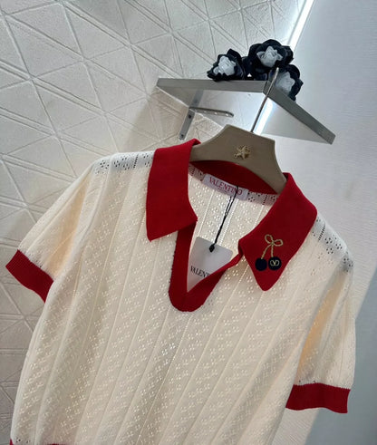 V 25 Spring/Summer Cherry Knit Lapel Short Sleeve Top