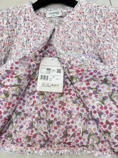 C 25 Macaron color matching woven three-dimensional cardigan