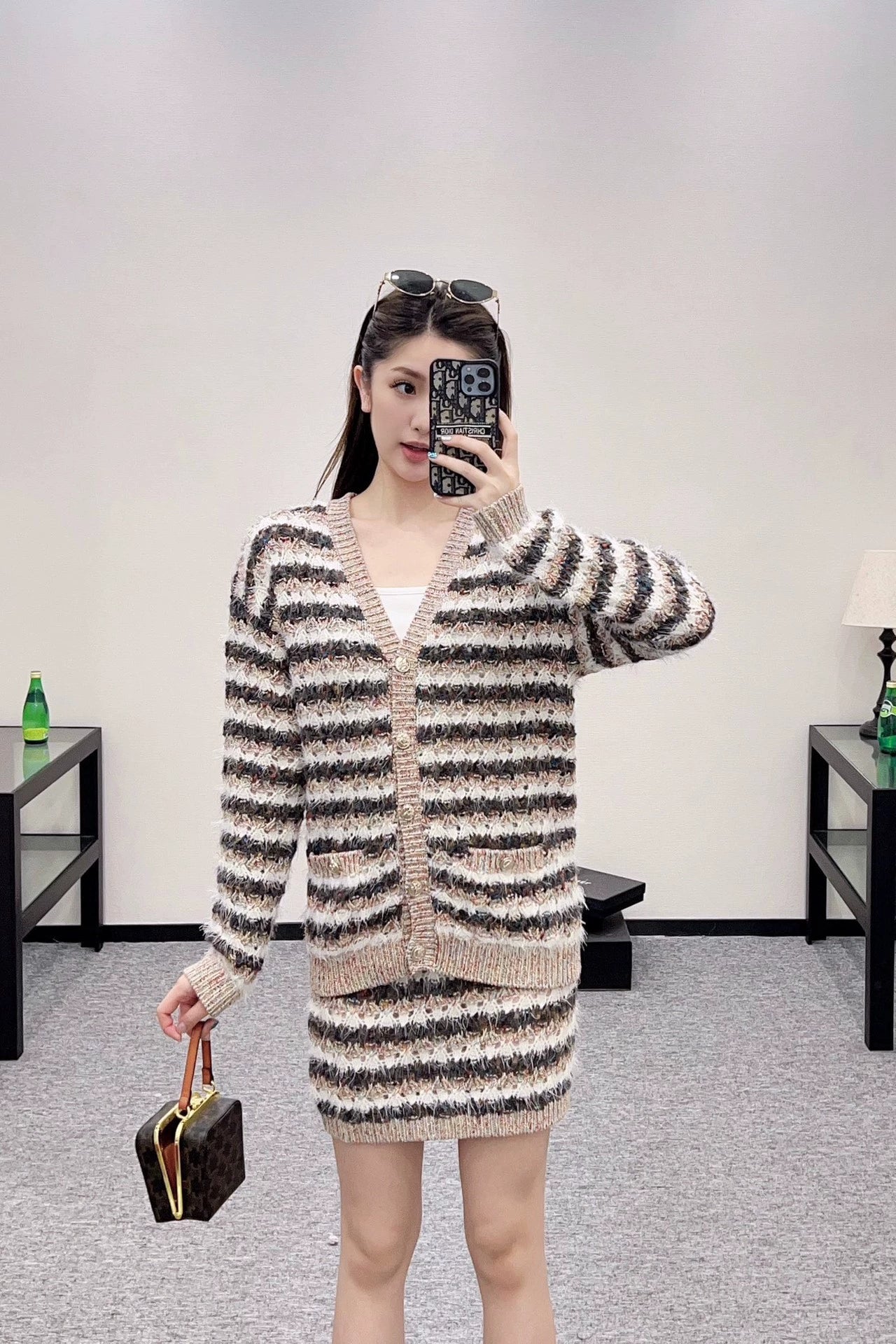 C 25fw Striped knitted cardigan and skirt set