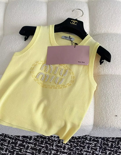 M 25 New Studded monogrammed logo round neck sleeveless knit tops