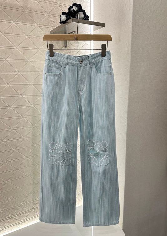 LO 25 New Wide Leg Striped Embroidered Ripped Jeans
