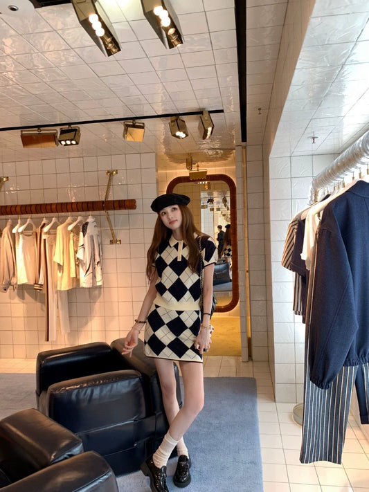 M 25 new age-reducing diamond polo collar knitted short sleeve + half-length skirt two-piece suit