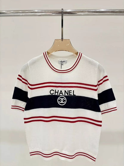 C 25 Summer new round neck letter jacquard striped color matching casual knitted short sleeves