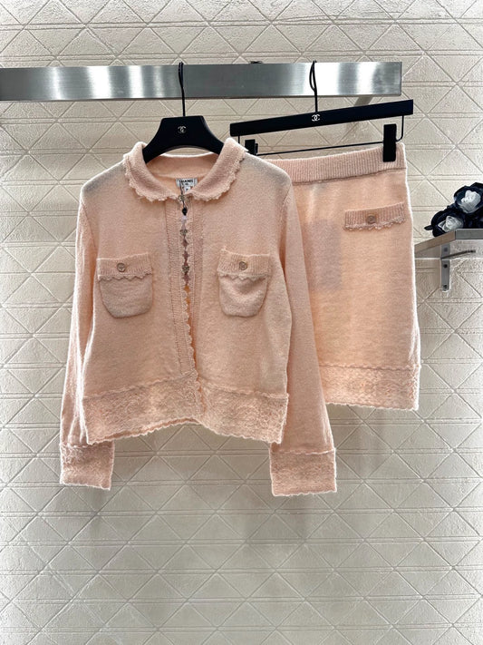 C 25 Crochet Lace Knit Cardigan Skirt Set