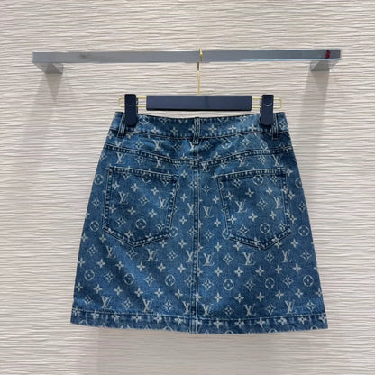 L 25 Colorblocked Printed Zipper Denim Half Skirt