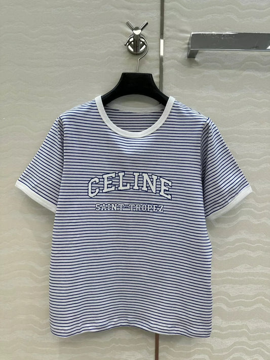 CE 25 College style blue striped cotton letter short-sleeved T-shirt