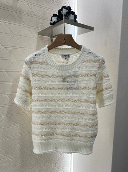 C 25 New Sequin Stripe Knit Short Sleeve Top