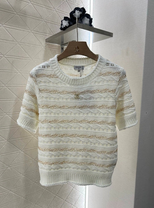 C 25 New Sequin Stripe Knit Short Sleeve Top