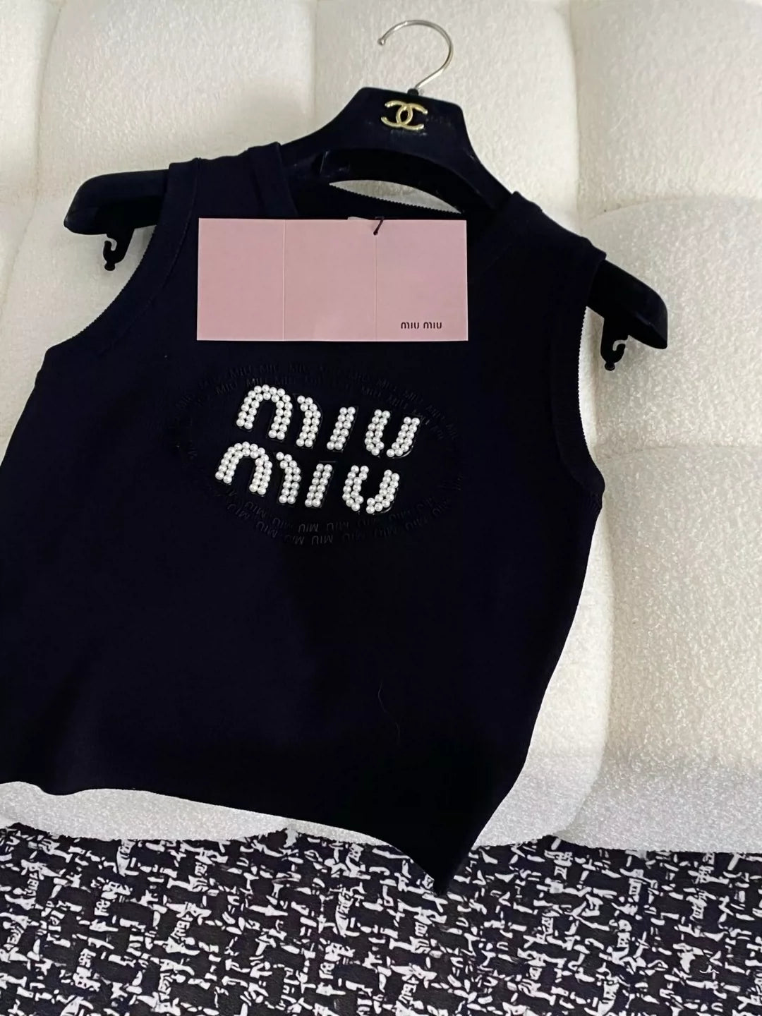 M 25 New Studded monogrammed logo round neck sleeveless knit tops