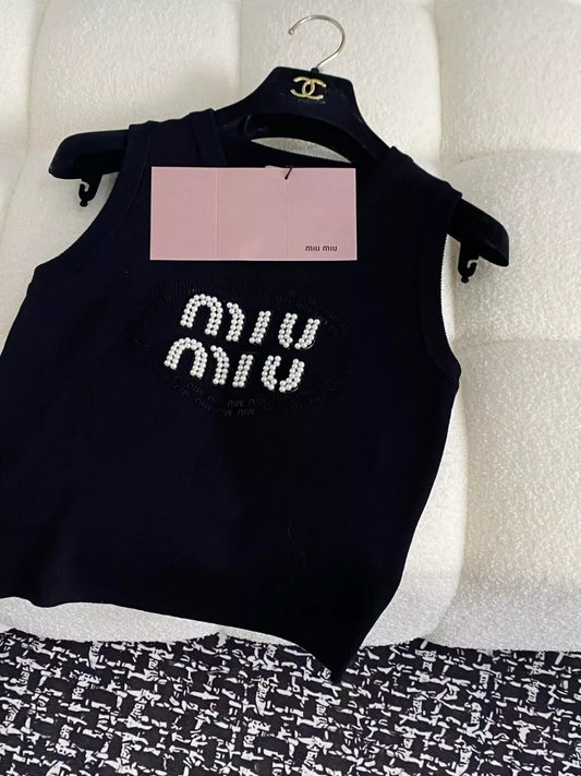 M 25 New Studded monogrammed logo round neck sleeveless knit tops