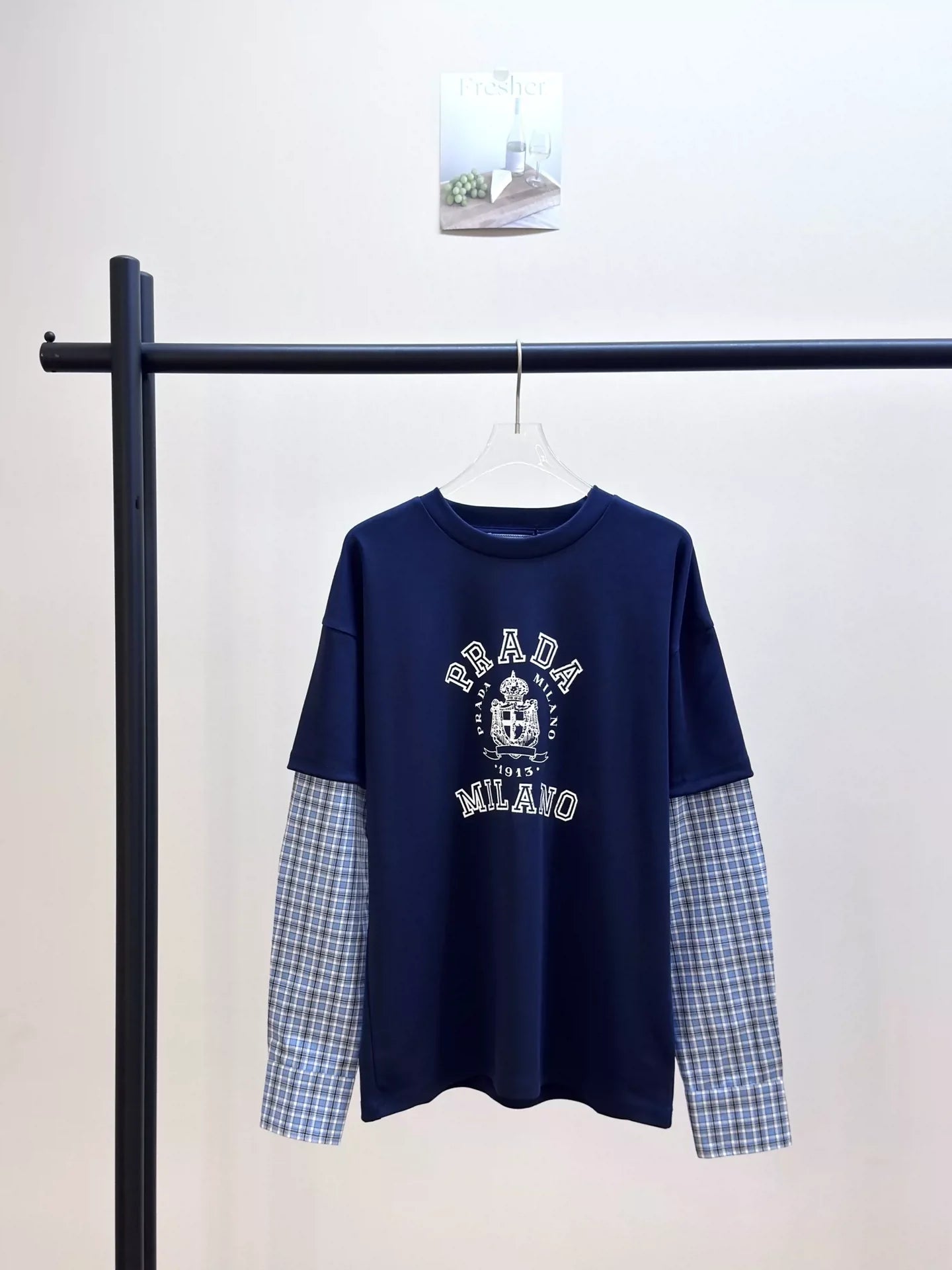 25 Summer new style stitching contrast color plaid long sleeves