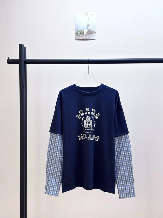 25 Summer new style stitching contrast color plaid long sleeves