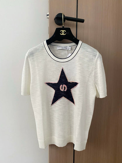D 25 New Color Clash Stars Round Neck Short Sleeve Knit Top（white sapphire blue yellow ）