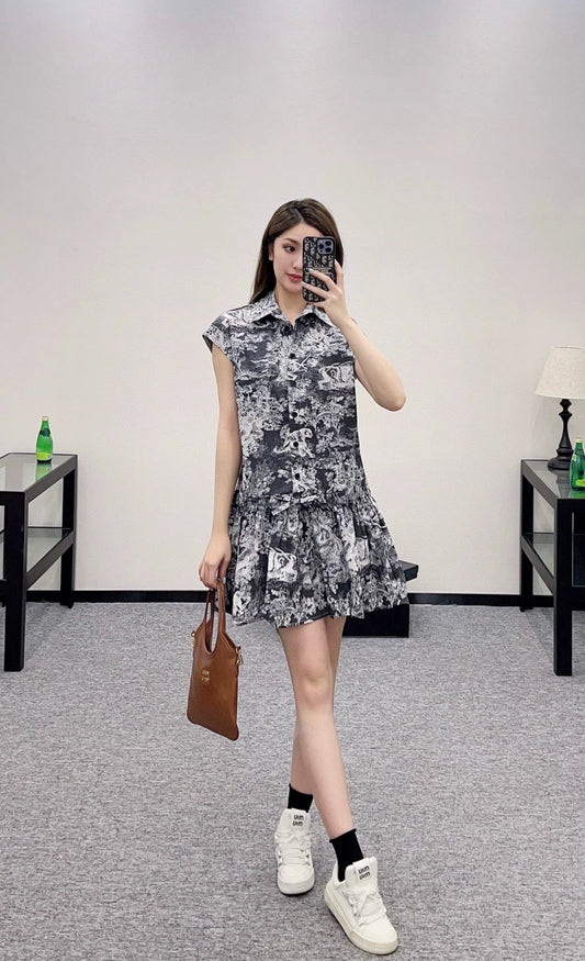 D 25 Animal jungle series Printed pleated short sleeve dress