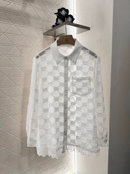 G 25 spring and summer new lace patchwork jacquard shirt（white purple）