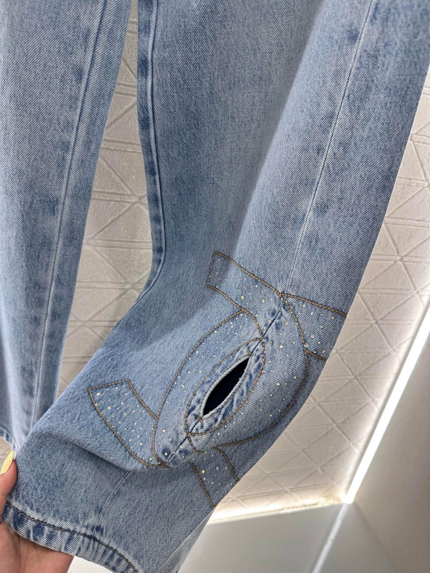 C 25 Wide Leg Rhinestone Denim Trousers