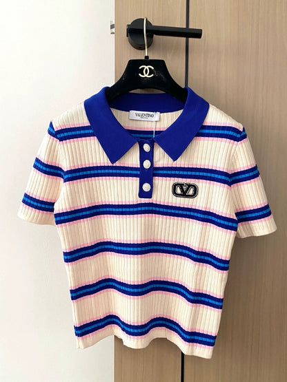 V 25 new striped button-down lapel short-sleeved knitted top
