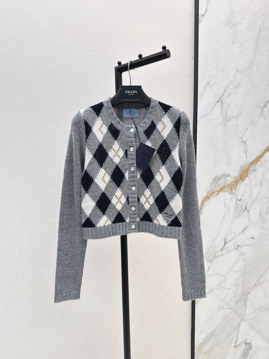 P 25 College style diamond patterned long sleeved cashmere cardigan