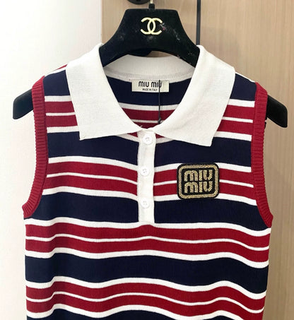M 25 New Logo Clashing Stripes Lapel Sleeveless Knit Tank Top