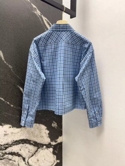 m 25 Spring and Summer New Blue Plaid Short Shirt