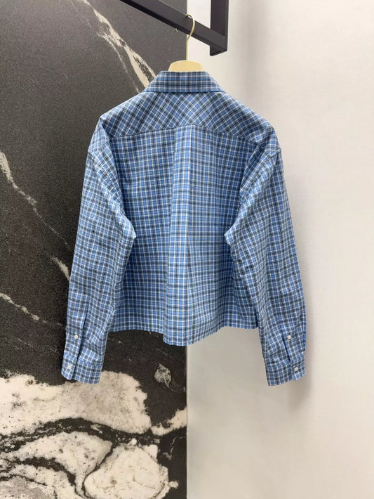m 25 Spring and Summer New Blue Plaid Short Shirt