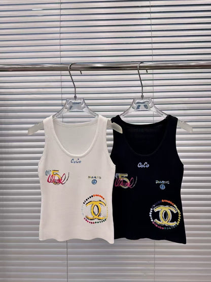 Letter digital print elastic slim fit sleeveless knitted vest