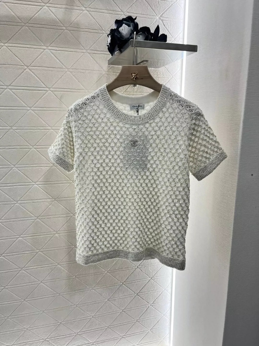 C 25 Beaded Micro Sheer Knit Short Sleeve Top(white pink black)