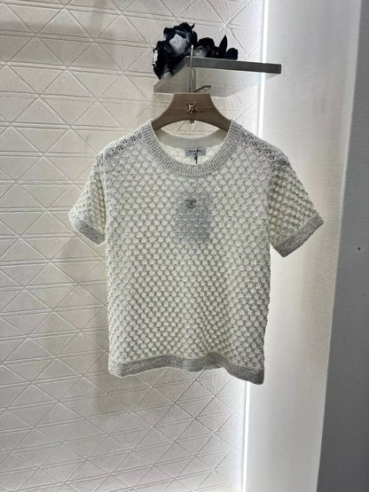 C 25 Beaded Micro Sheer Knit Short Sleeve Top(white pink black)