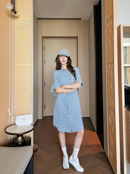 F 25 New Letter Jacquard Pocket Tie Dress Short Sleeve